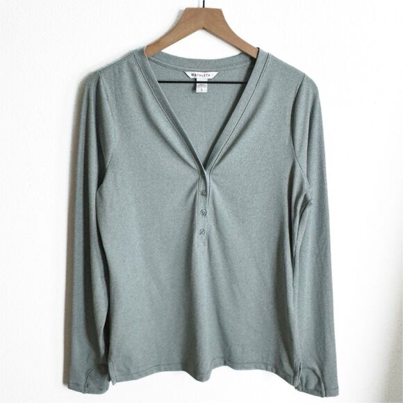 Athleta Top Womens Large Green Uptempo Ribbed Knit Henley Comfy Soft Stretch - Picture 1 of 15